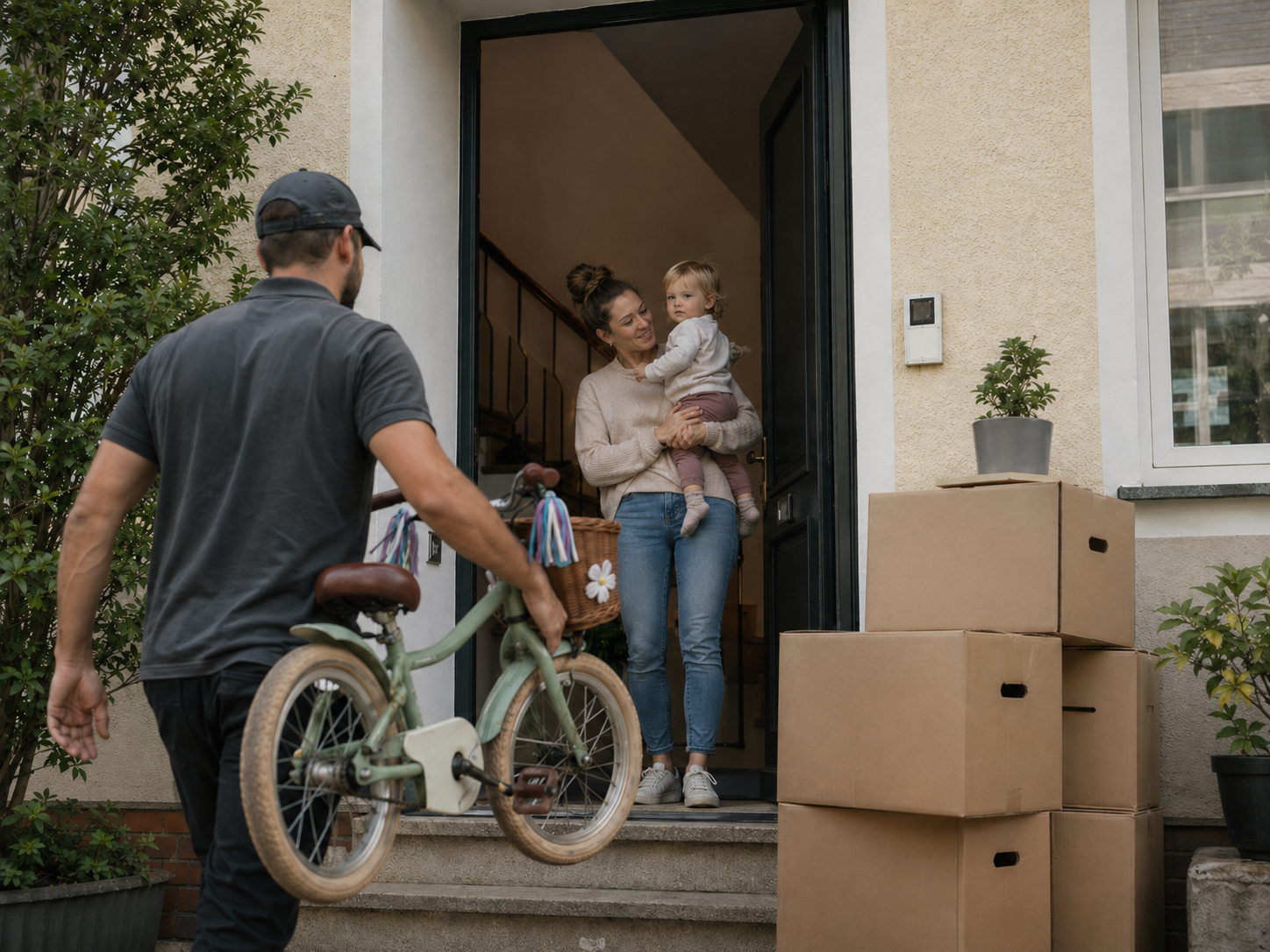 Familie packt gemeinsam Umzugskartons für den Privatumzug