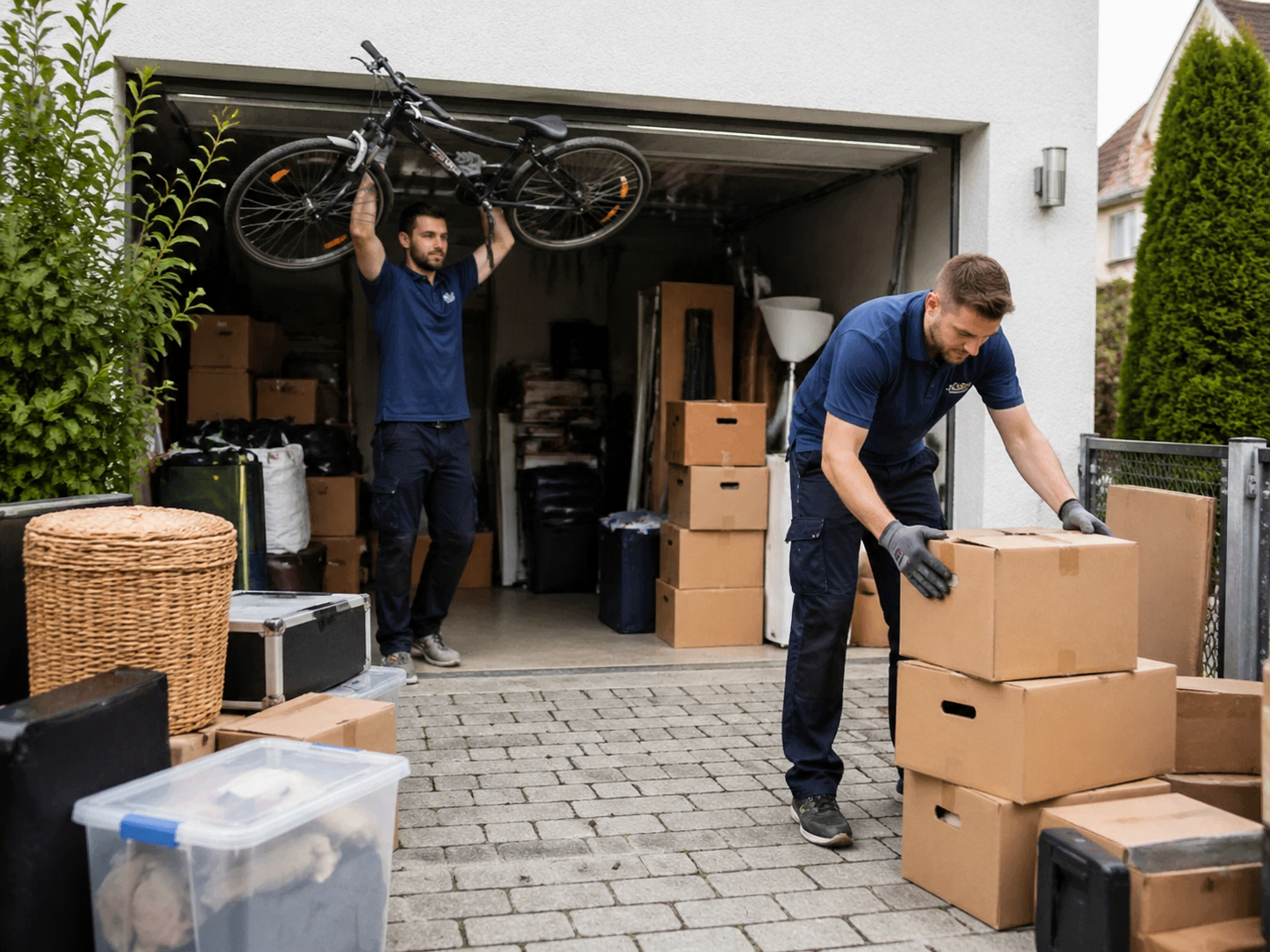 Vollgestellte Garage mit Werkzeug, Reifen und alten Möbeln vor der Entrümpelung