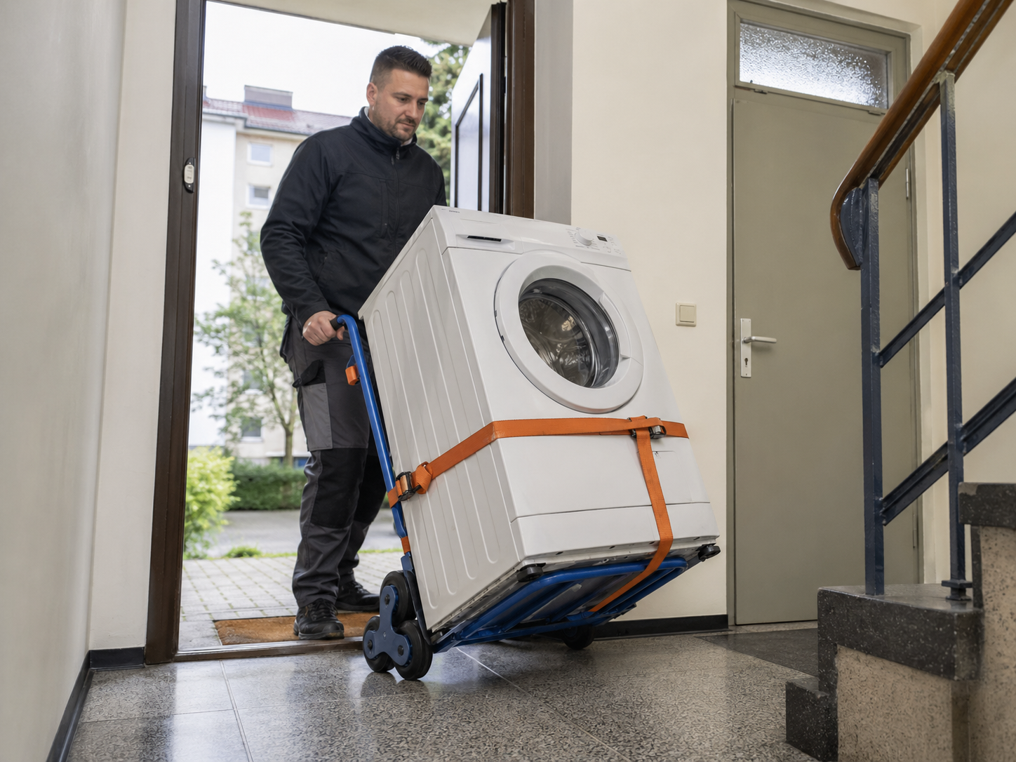 Gerätetransport in NRW – Waschmaschine wird stehend im Transporter gesichert