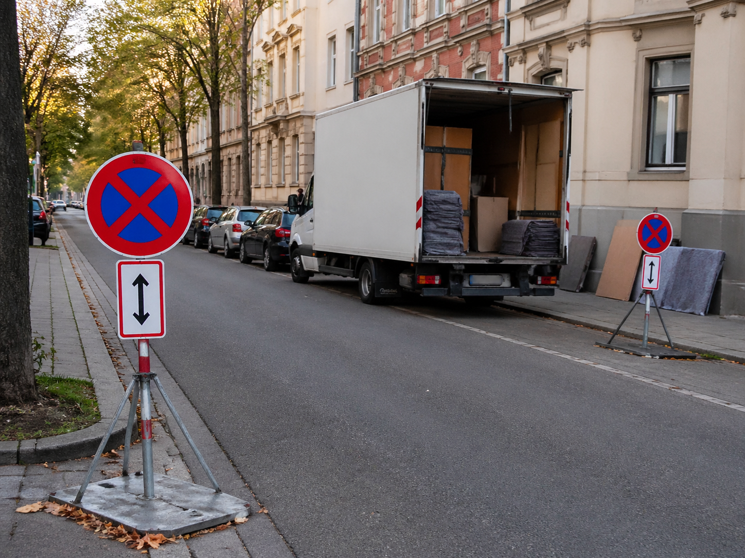 Halteverbotszone für den Umzug in NRW – Schilder am Straßenrand reservieren den Parkplatz