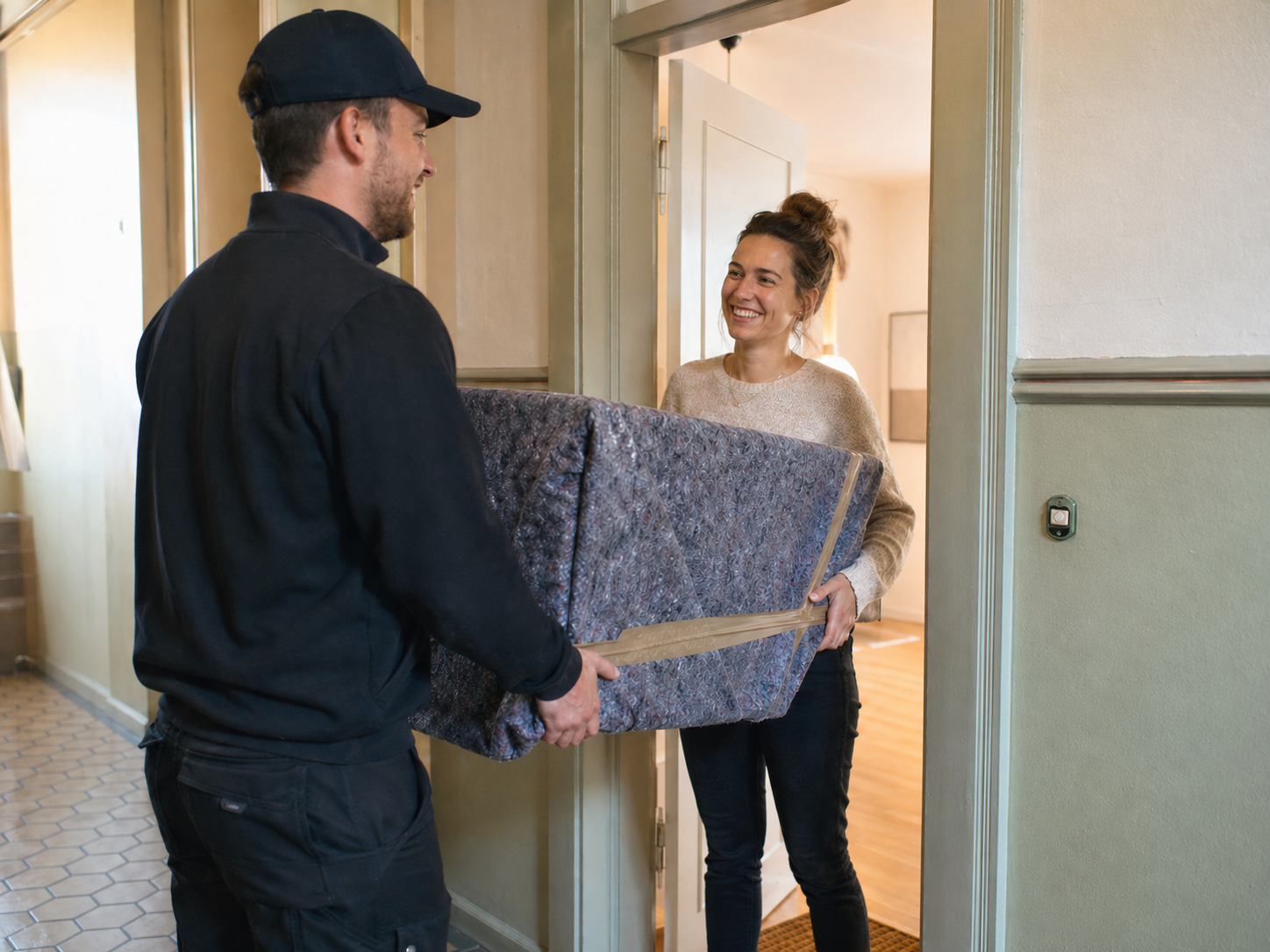 Transporthelfer liefern Möbelstück in die Wohnung – Transportservice NRW