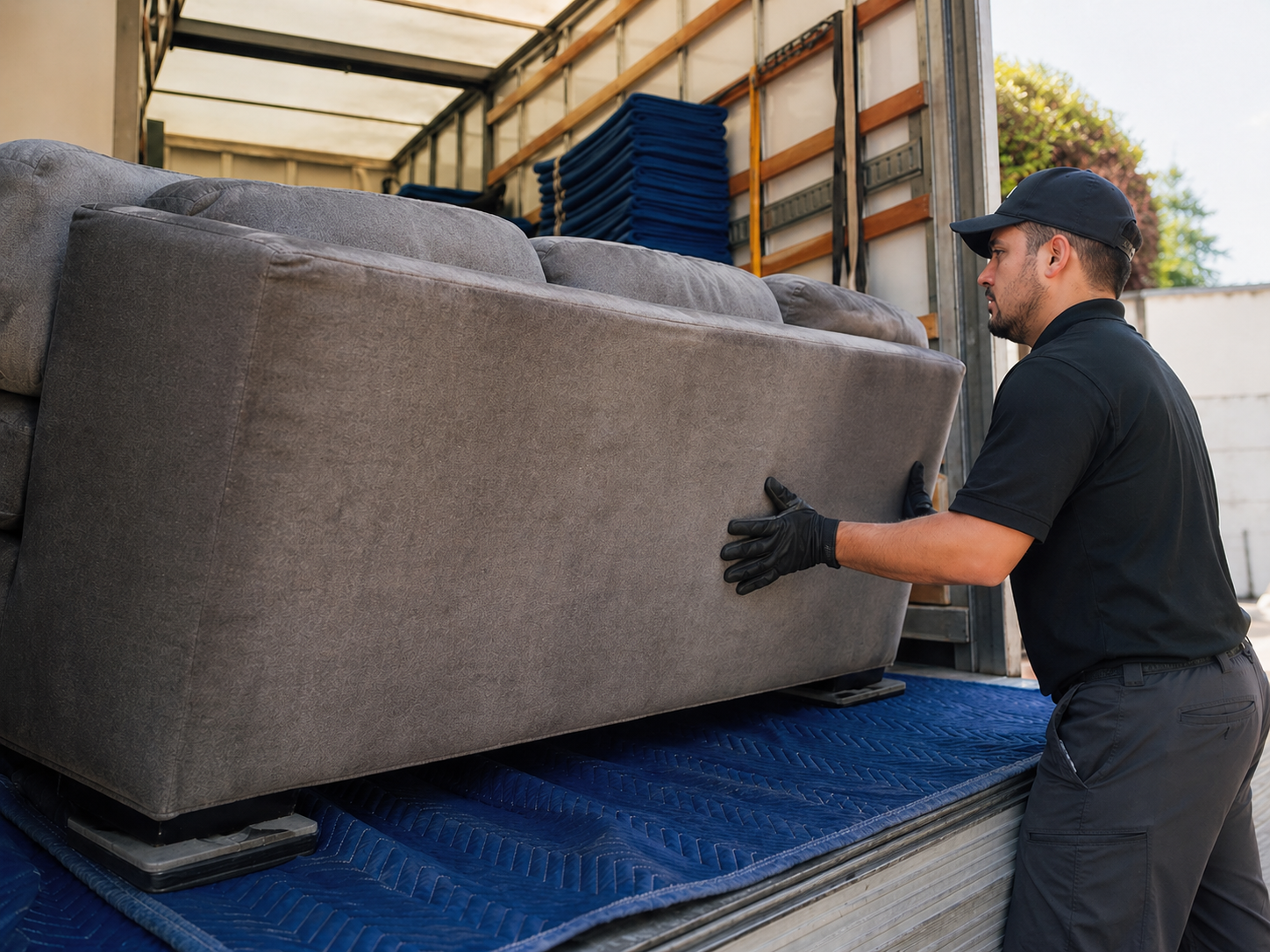 Polstersofa wird für den Möbeltransport mit Decken geschützt
