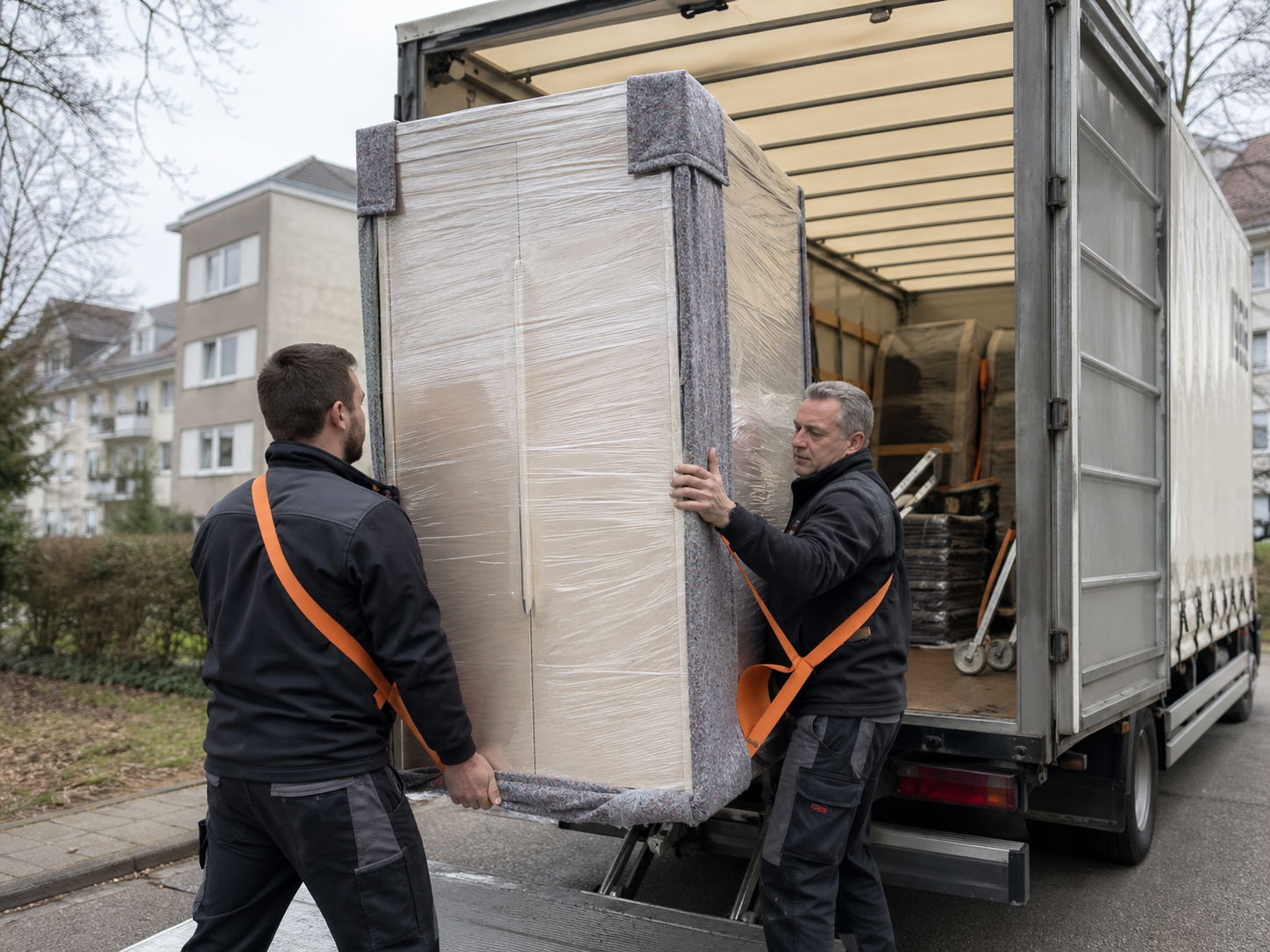 Umzugsteam bei der Arbeit – sorgfältiges Verladen von Möbeln in NRW